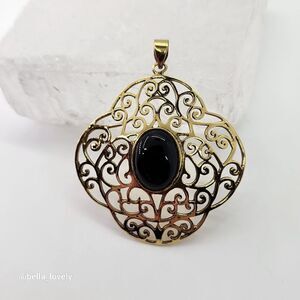 Black Onyx Filigree Gold Plated Antique Style Pendant 2.25"
